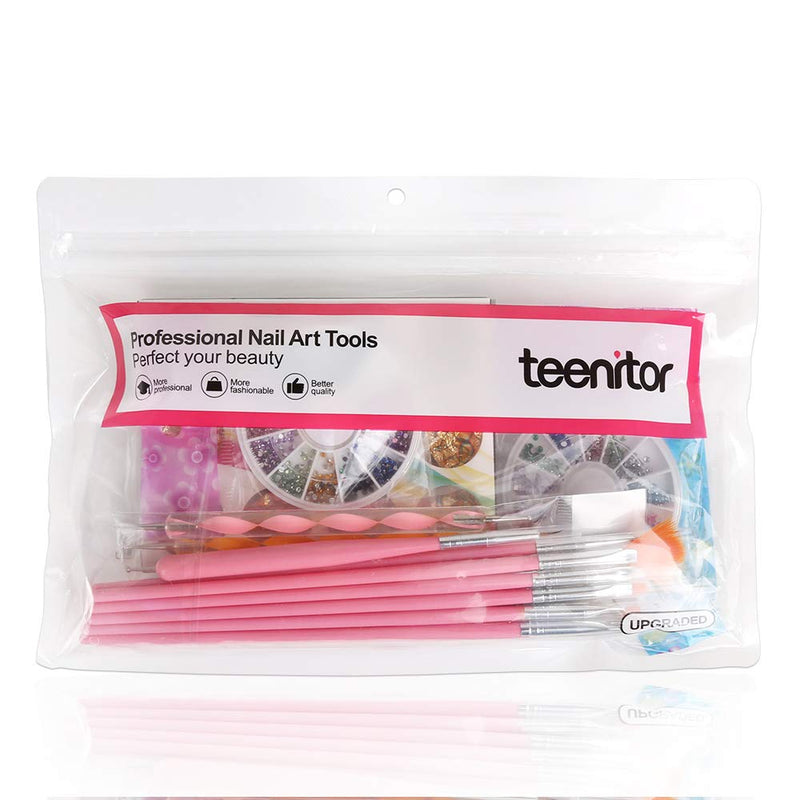 [Australia] - Nail Pen Designer, Teenitor Stamp Nail Art Tool with 15pcs Nail Painting Brushes, Nail Dotting Tool, Nail Foil, Manicure Tape, Color Rhinestones for Nails A-Pink 
