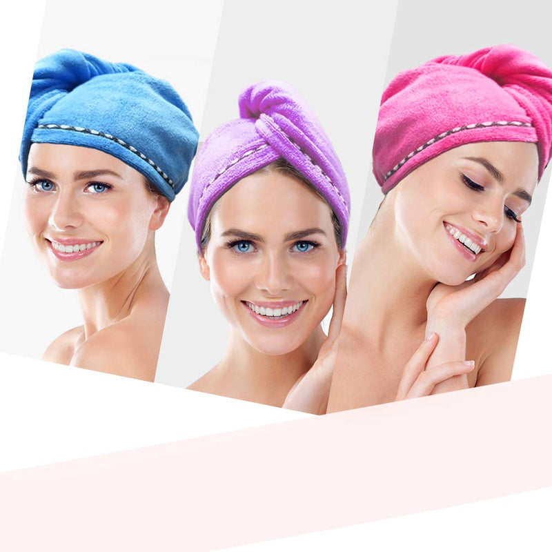 [Australia] - ATITOWEL 3 Pack Microfiber Hair Towel, Wrap Hair Towels for Women Girls, Super Absorbent Microfiber Towel, Quick Dry Towel Dry Hair Cap (Blue+Purple+Rose Red) 