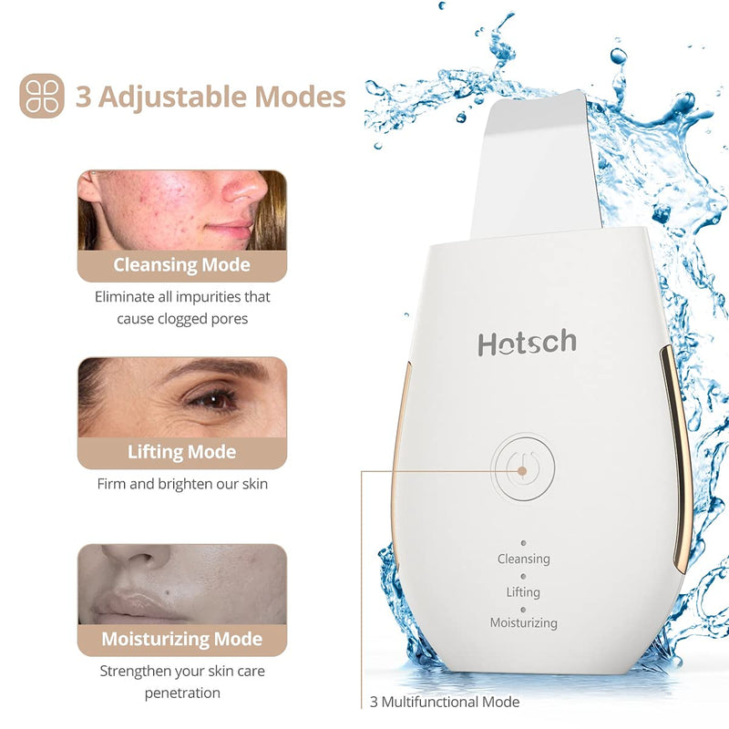 [Australia] - Skin Scrubber，Face Spatula，Hotsch Blackhead Remover，Ultrasonic Pore Cleaner with 3 modes，Comedones Extractor for Facial Deep Cleansing，Rechargeable Face Lifting Tool White 