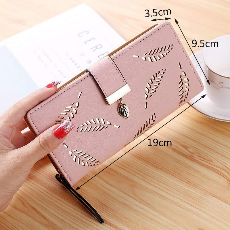 [Australia] - Pink Leather Long Purse, Cute Women Leather Wallet Purses Women Fashion Long Purse Ladies Purse Clutch Holder Case Leaf Pendant Coin Zipper Long Purse Pink 1 