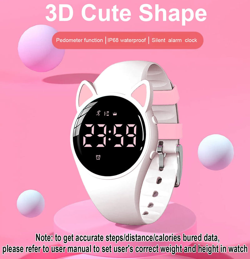 [Australia] - HUYVMAY Fitness Tracker Pedometer Watch No App No Phone Required, USB Charge 1 Hour for 20 Days Use, IP68 Waterproof Watch with Alarm Clock Timer Distance Calorie Step Tracker for Kids and Women White+Pink 
