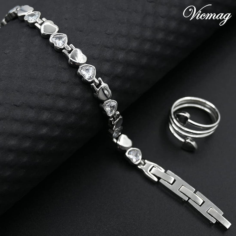 [Australia] - Vicmag Magnetic Bracelets for Women Titanium Steel Brazaletes Ultra Strength Magnetic Adjustable with Removal Tool and Gift Box (Silver Love Heart) Silver Love Heart 