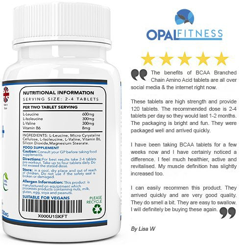 [Australia] - BCAA Tablets, Branched Chain Amino Acids By Opal Fitness Nutrition – Vegan BCAA+ With Vitamin B6 to Aid Absorption - UK Produced And GMP Certified - Suitable For Men And Women – 120 Tablets 