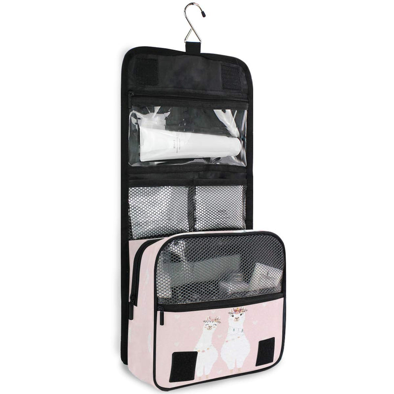 [Australia] - Cute Llamas Alpaca Hanging Cosmetic Bag, Pink Garland Cacti Toiletry Brushes Case Travel Dopp Kit Makeup Boxes Brush Organizer For Women Men For Travel Portable Storage Bag with Zipper 