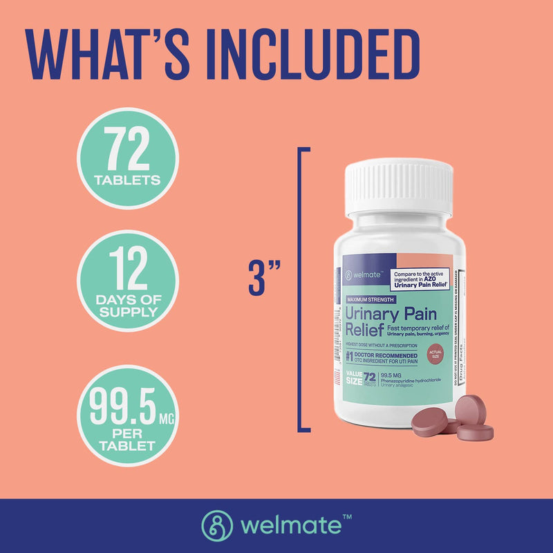 [Australia] - WELMATE Urinary Pain Relief | UTI Relief | Fast Acting | Bladder Discomfort & Pain Relief | Phenazopyridine Hydrochloride 99.5mg | 72 Count Tablets 