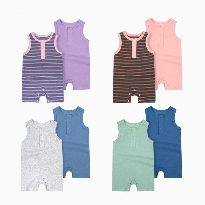 [Australia] - Baby Boys Girls 2 Pack Sleeveless Romper Cotton Stripes Pure Color Tank Jumpsuit 3-24 Months Grey+blue 3-6 Months 