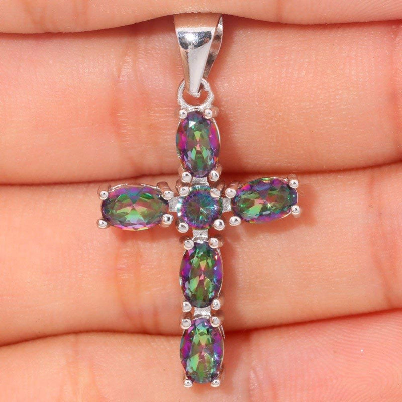 [Australia] - CiNily Cross Pendant Necklace Gold Plated Opal Pendant/Mystic Topaz Gemstone Pendant Criss Jewelry rainbow 