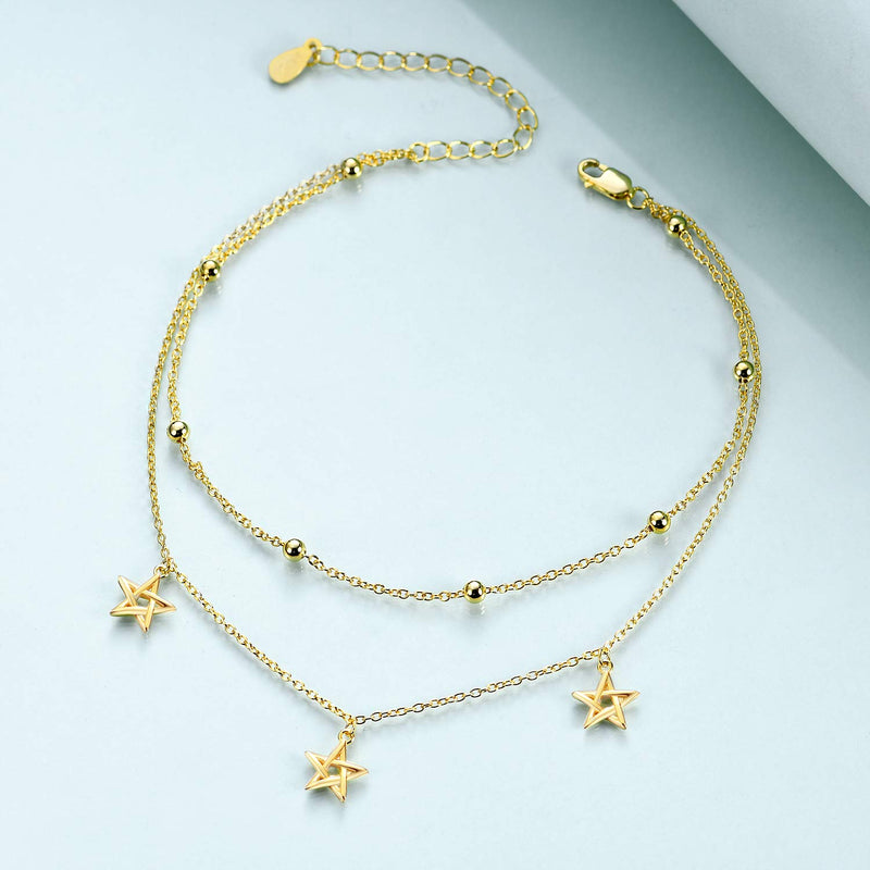 [Australia] - POPLYKE 925 Sterling Silver Gold Plated Anklet Summer Adjustable Beach Boho Ankle Bracelet B1 - Gold Star Anklet 