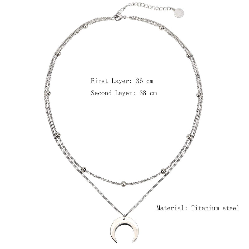 [Australia] - BaubleStar Crescent Pendant Necklace Layering Titanium Chain Choker for Women Girls Silver 