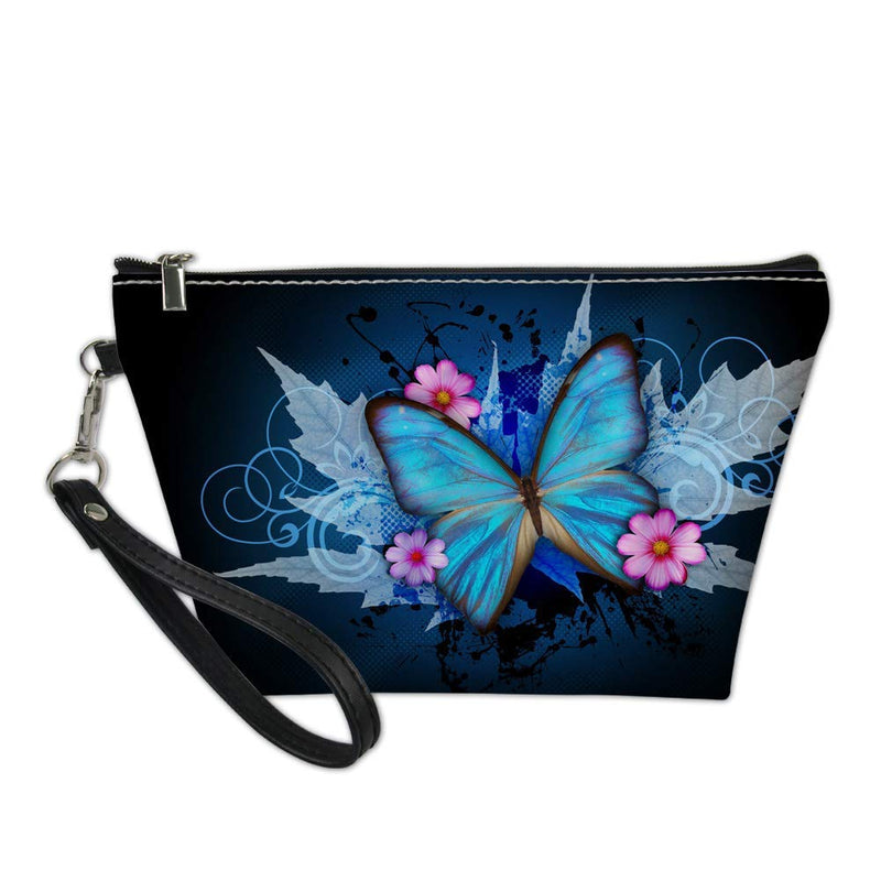 [Australia] - GIFTPUZZ Blue Butterfly Makeup Bag Travel Waterproof Toiletry Bag Accessories Organizer Portable Artist Storage Bag for Women Cosmetic Hanging Bag with Removable Carrying Strap 