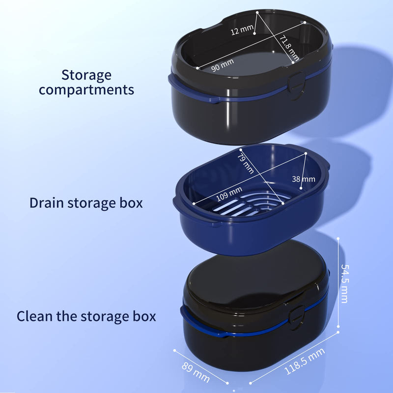 [Australia] - Denture Bath Box and Denture Brush Denture&Retainer Set, Denture Case with Mirror (Black) Black 