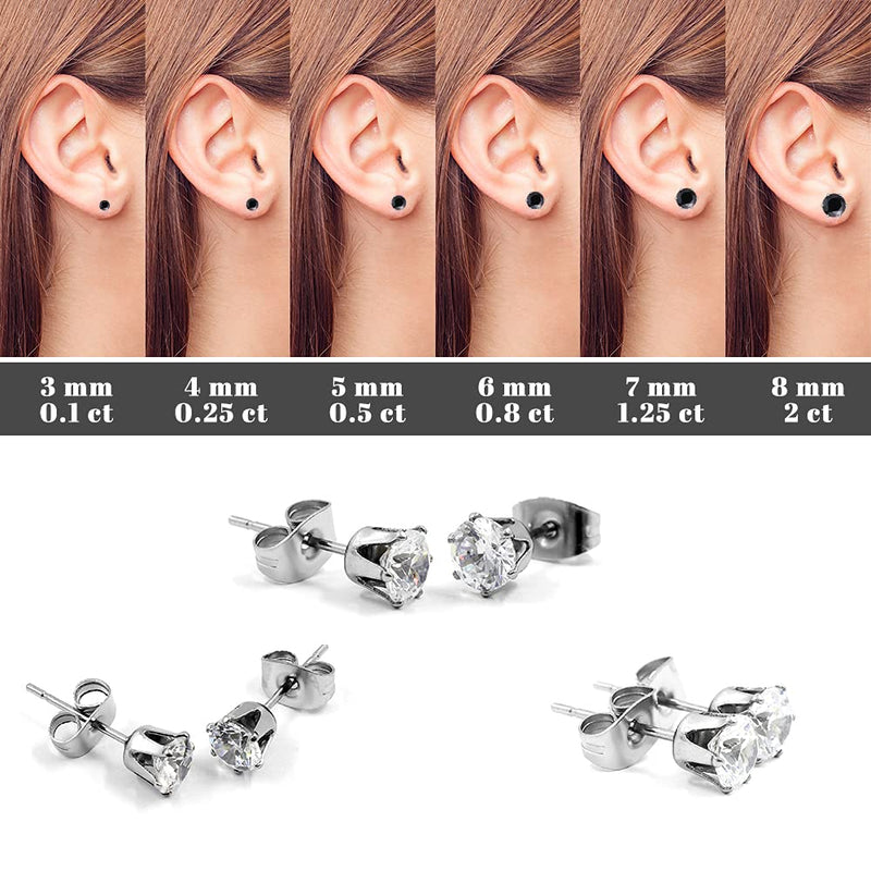 [Australia] - CLOIOO Stud Earrings Set for Women 14K White Gold Plated Cubic Zirconia, Anti-tarnish Stainless Steel Stud Earring Pack of 6 Pairs 3-8mm Black 