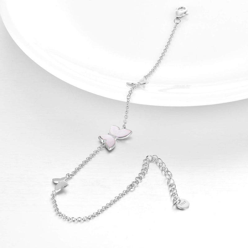 [Australia] - POPKIMI Sterling Silver Created Pearl Butterfly Jewelry[ Necklace & Rings & Anklets & Bracelet ] for Women Birthday Gift D-Bracelet 7+2 inch Silver 