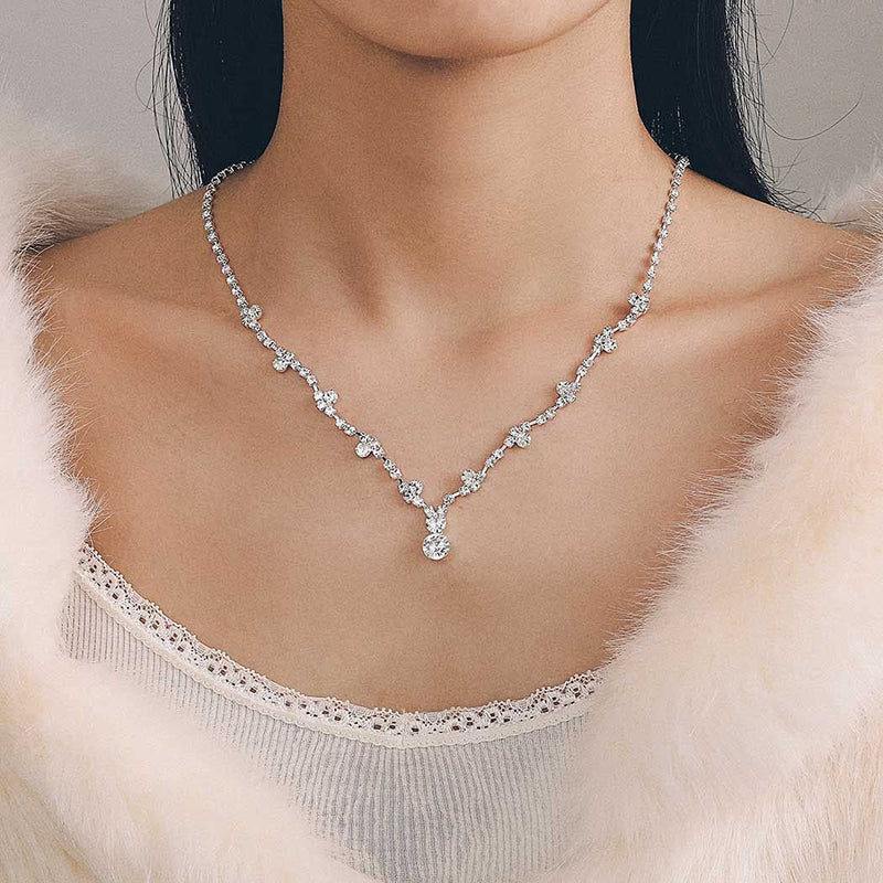 [Australia] - Unicra Bride Silver Necklace Earrings Set Crystal Bridal Wedding Jewelry Sets Rhinestone Choker Necklace for Women and Girls(3 piece set - 2 earrings and 1 necklace) (Set 2) Set 2 