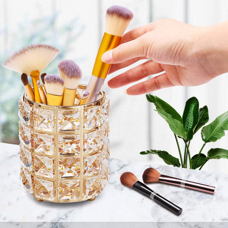 [Australia] - Tasybox Crystal Makeup Brush Holder Organizer, Handcrafted Cosmetics Brushes Cup Storage Solution (Gold) Gold 