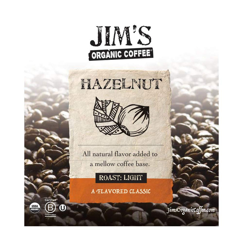 [Australia] - Jim’s Organic Coffee – Hazelnut, All Natural Flavored Blend – Light Roast, Ground Coffee, 12 oz Bag 