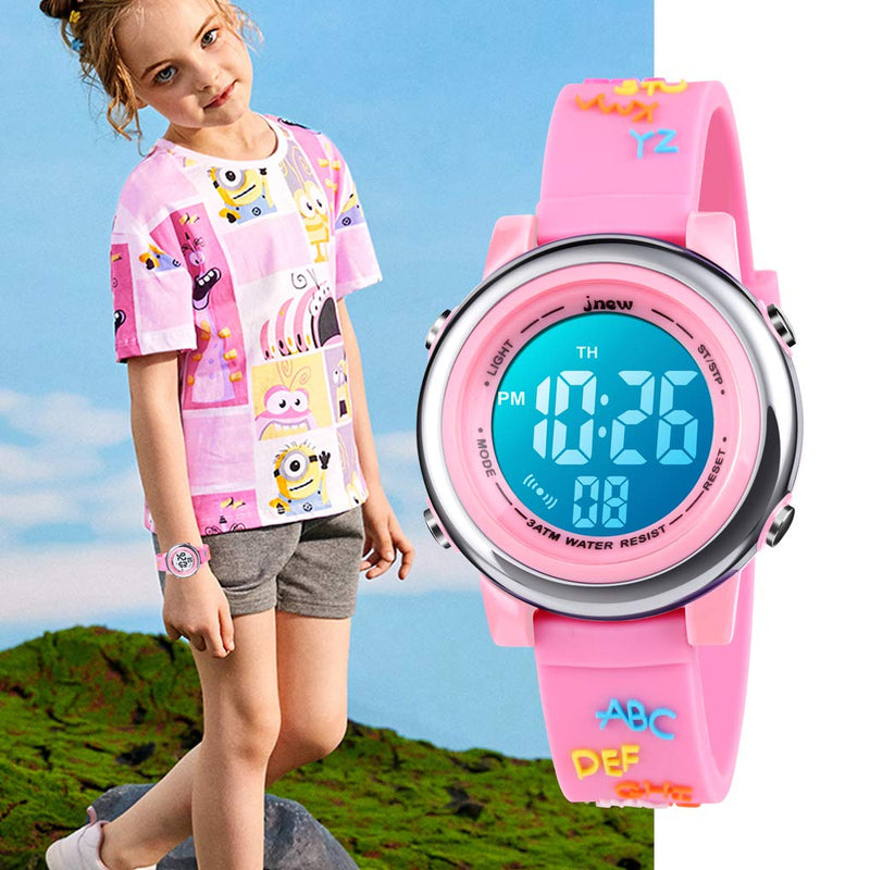 [Australia] - YxiYxi Kids Watches 3D Cute Cartoon Digital 7 Color Lights Toddler Wrist Watch with Waterproof Sports Outdoor LED Alarm Stopwatch Silicone Band for 3-10 Year Boys Girls Little Child Alphabet pink 