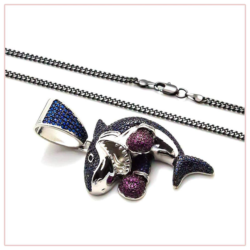 [Australia] - Nsitbbuery Hip Hop Night Club Bar Zircon Boxing Shark Pendant Stainless Steel Chain Necklace White Blue 