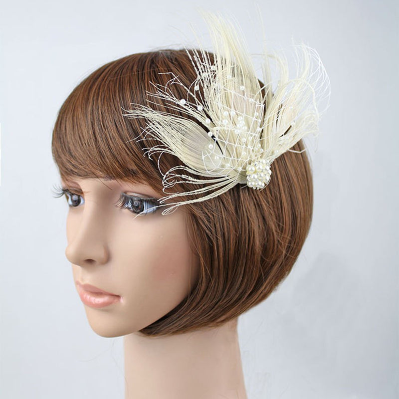 [Australia] - Song Qing Feather Hair Clip 1920s Flapper Fascinator Wedding Headwear Bridal Headpiece Beige 