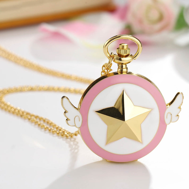 [Australia] - Womens Sakura Star Wings Quartz Pocket Watch with Chain + Gold Box 