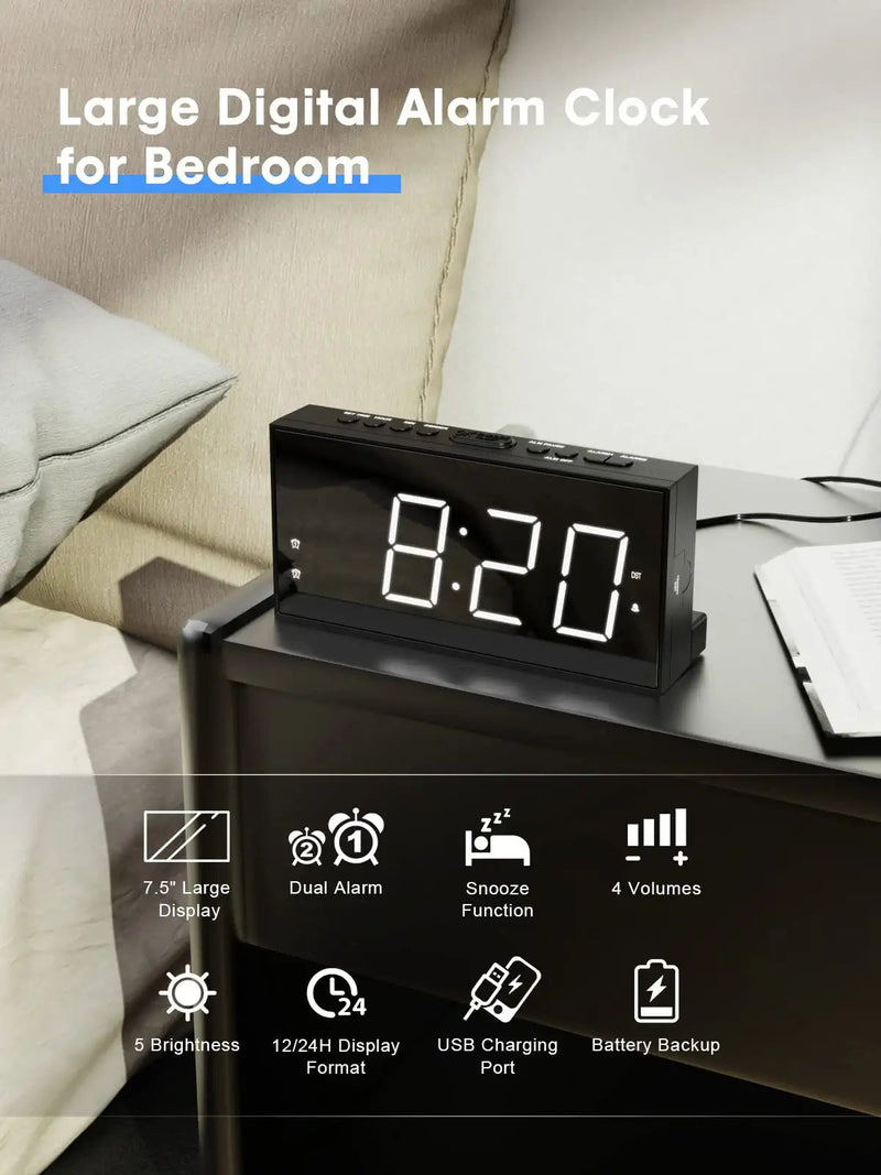 [Australia] - Digital Alarm Clock with USB Charger for Bedroom, 7" Large Display Bedside Clock with Battery Backup, Dual Alarm, Dimming Mode, Loud Alarm Clock for Heavy Sleeper, Bedroom Living Room Office Decor White 