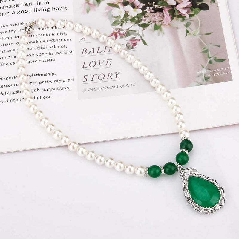 [Australia] - LGSY White Pearl Jewelry Sets for Women Silver Plated, Design Green Jade Shell Pearl Handmade Includes Stud Earrings Necklace Bracelet 