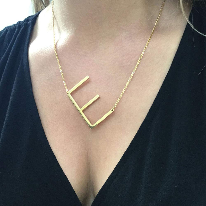 [Australia] - IEFWELL Large Sideways Initial Necklace for Women - Silver Gold Plated Stainless Steel Large Big Sideways Initial Letter Necklace Crooked Oversized Initial Necklace for Women Girls A-Gold 