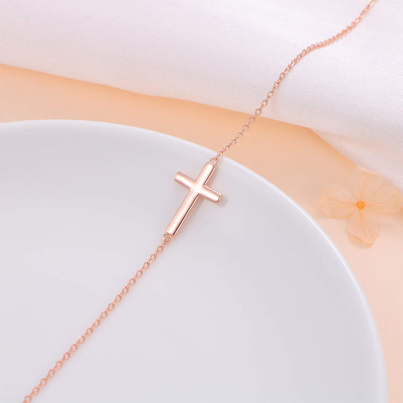 [Australia] - S925 Sterling Silver Jewelry Sideways Cross Choker Necklace 14 inches to 18 inches Rose gold-tone 