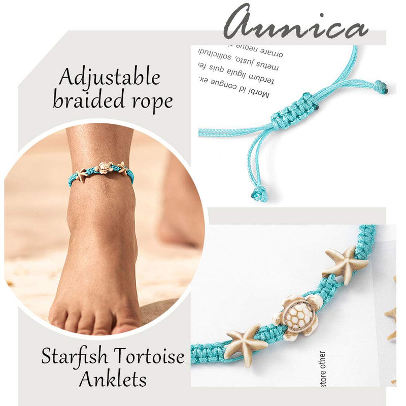 [Australia] - Yokawe Boho Turtle Ankle Bracelets Blue Starfish Anklet Summer Beach Barefoot Sandals Foot Jewelry for Women and Teen Girls 