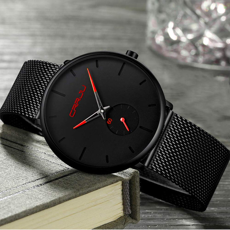 [Australia] - Mens Watches Ultra-Thin Minimalist Waterproof - Fashion Wrist Watch for Men Unisex Dress with Stainless Steel Mesh Band Red 