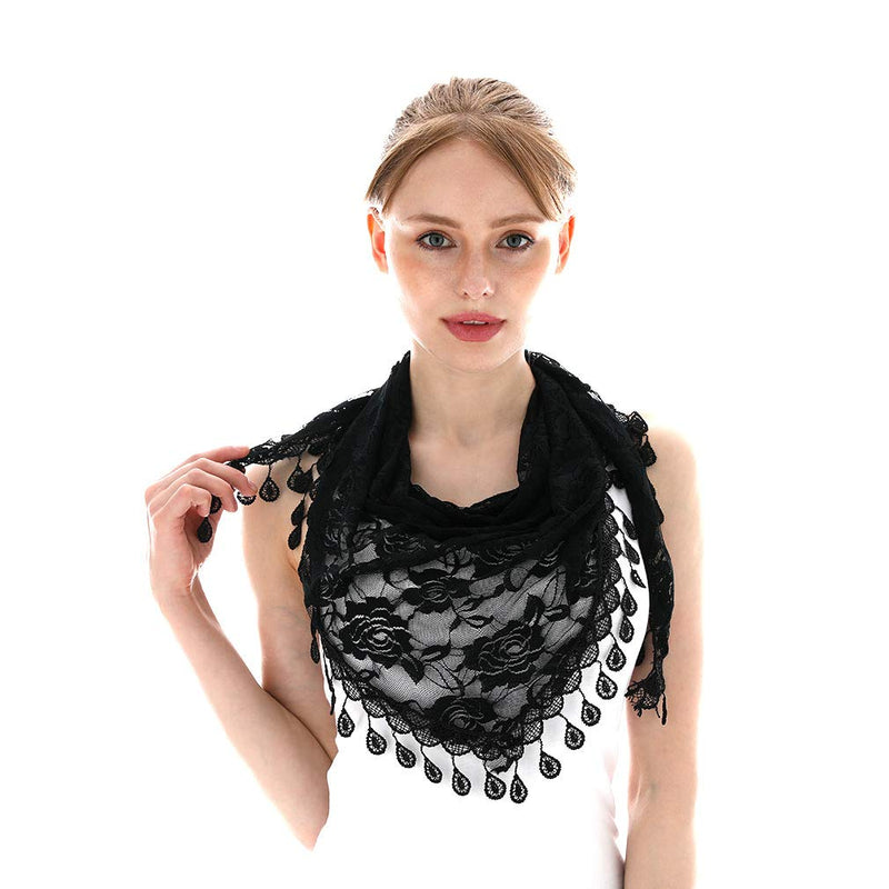 [Australia] - LMVERNA Triangle Lace Shawl Mantilla Veil Lightweight Tassel Scarf Fashion Floral Shawls and Wraps for Women Black 