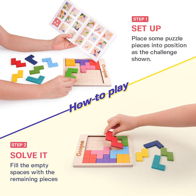 [Australia] - Coogam Wooden Puzzle Pattern Blocks Brain Teasers Game with 60 Challenges, 3D Russian Building Toy Wood Tangram Shape Jigsaw Puzzles Montessori STEM Educational Toys Gift for Kids Adults 