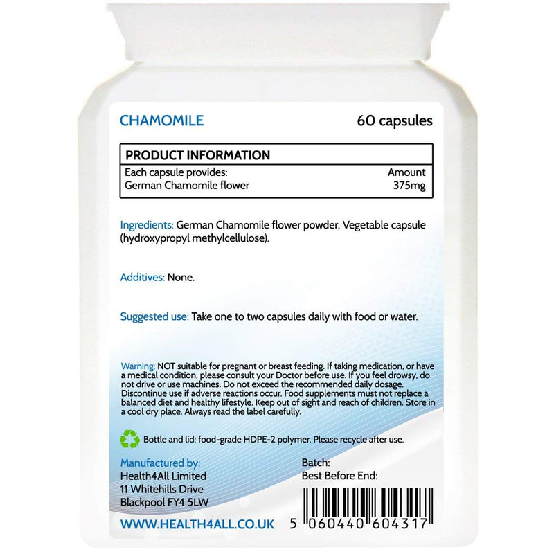 [Australia] - Chamomile 375mg 60 Capsules (V) .(not Tablets) Purest- no additives, Vegan Capsules for Anxiety, Stress, Sleep and Digestive Health. Made in The UK by Health4All 60 Count (Pack of 1) 