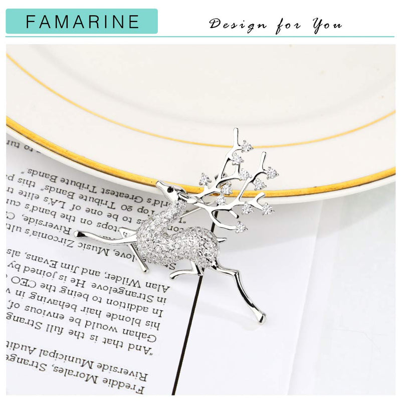 [Australia] - FAMARINE CZ Sika Deer Brooch, Christmas Animals Brooch Pin Paved by Cubic Zirconia Crystals Sliver Deer 
