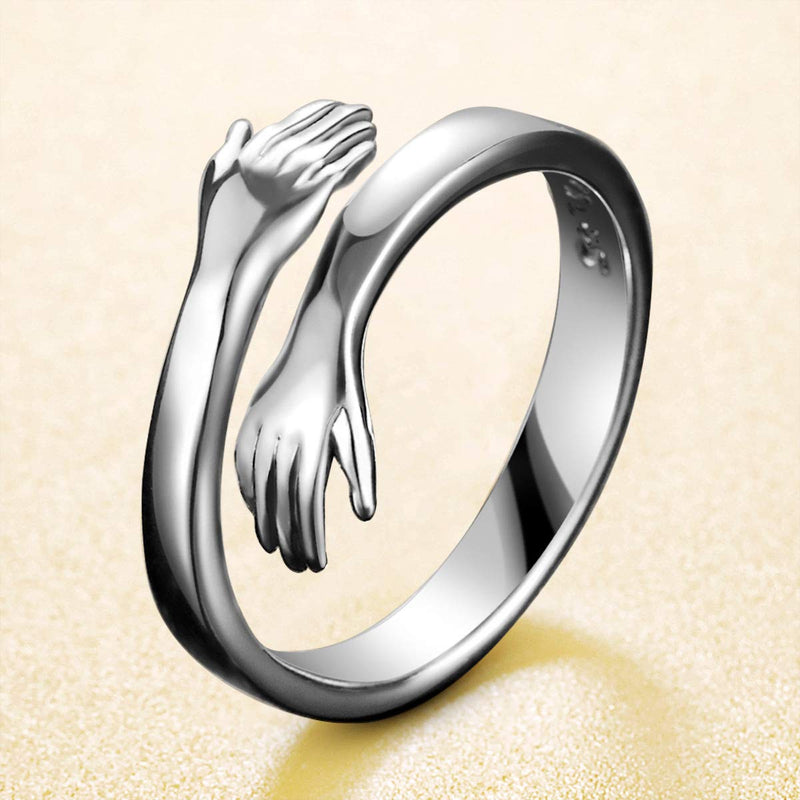 [Australia] - MAELOVE 925 Sterling Silver Hug Rings,Couple Hug Rings for Women Men,Simple Rings for Women Teen Girls Silver Hugging Hands Cute Open Ring Band Adjustable Free Silver Matching Ring Jewelry(1Pcs) US size 6 