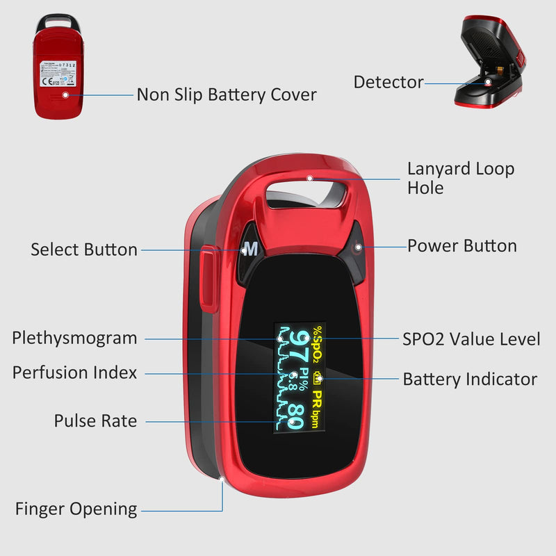 [Australia] - Finger Pulse Oximeter, Blood Oxygen Saturation Monitor for Pulse Rate, Heart Rate Monitor and SpO2 levels, CE Approved UK, OLED Screen Display, Including Batteries and Lanyard Red 