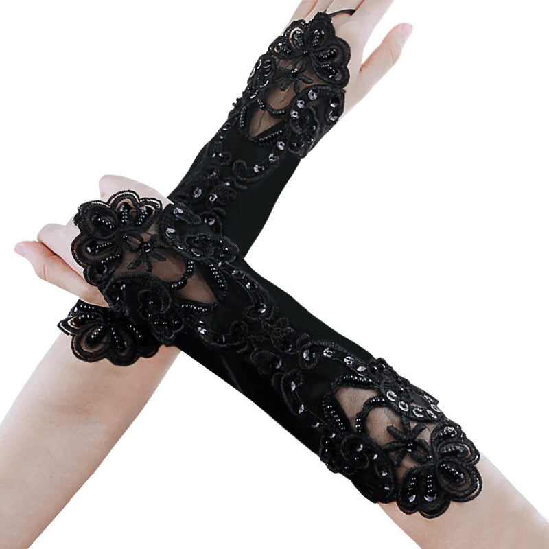 [Australia] - Flower Girls Gloves Pageant Satin Bowknot Wrist Long Lace Wedding Dress Gloves 5-12Yrs Fingerless Bead-black 