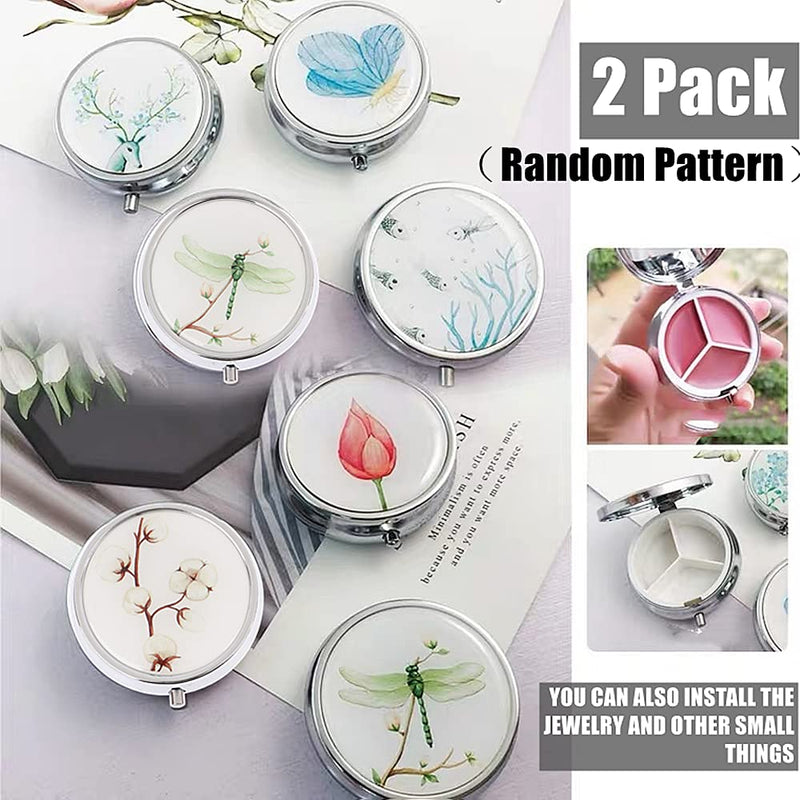 [Australia] - 2 Pack Pill Container 3 Slots Medicine Box Round Metal Pill Box Makeup Storage Container Folding Pill Case Metal Pill Cutte for Travel Outdoor(Random Pattern) 