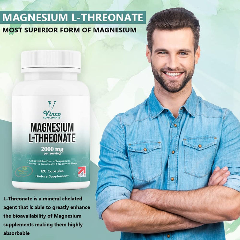 [Australia] - Vinco Magnesium L-Threonate Supplement - 120 High Strength Magnesium L Threonate Capsules - 2000mg Bioavailable Form of Magnesium per Serving - Non-GMO & Gluten Free � Made in The UK 