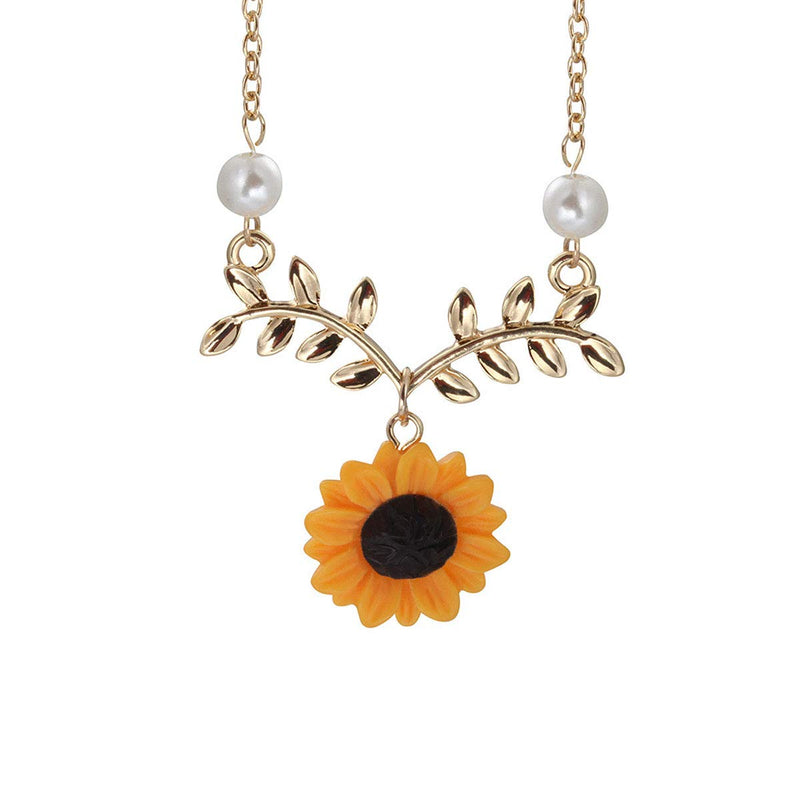 [Australia] - Set of 5 Sunflower Faux Pearl Leaf Chain Resin Boho Petal Pendant Necklace with Sunflower Bracelet Earrings Ring for Women Jewelry Accessories (Gold) Gold 