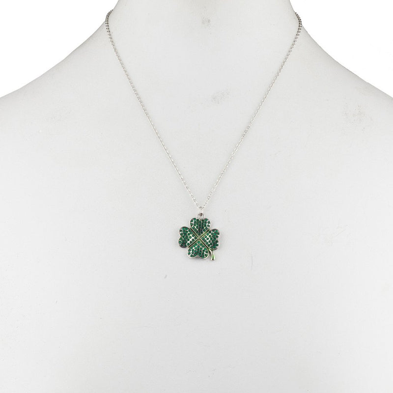 [Australia] - Lux Accessories Pave St. Patricks Day Four Leaf Clover Shamrock Charm Necklace Silver 