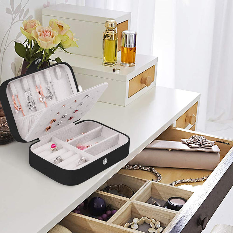 [Australia] - Travel Jewelry Organizer,PU Leather Travel Jewelry Case,Double Layer Small Jewelry Box for Women Girls,Jewelry Organizer Box for Necklace,Ring,Earring (Black) Black 