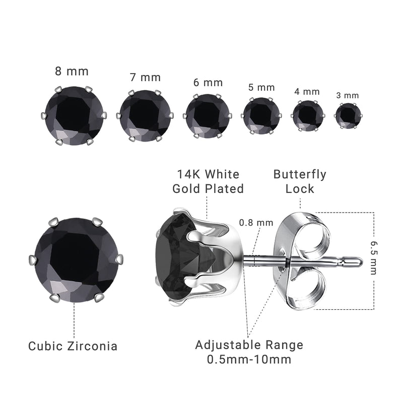 [Australia] - CLOIOO Stud Earrings Set for Women 14K White Gold Plated Cubic Zirconia, Anti-tarnish Stainless Steel Stud Earring Pack of 6 Pairs 3-8mm Black 