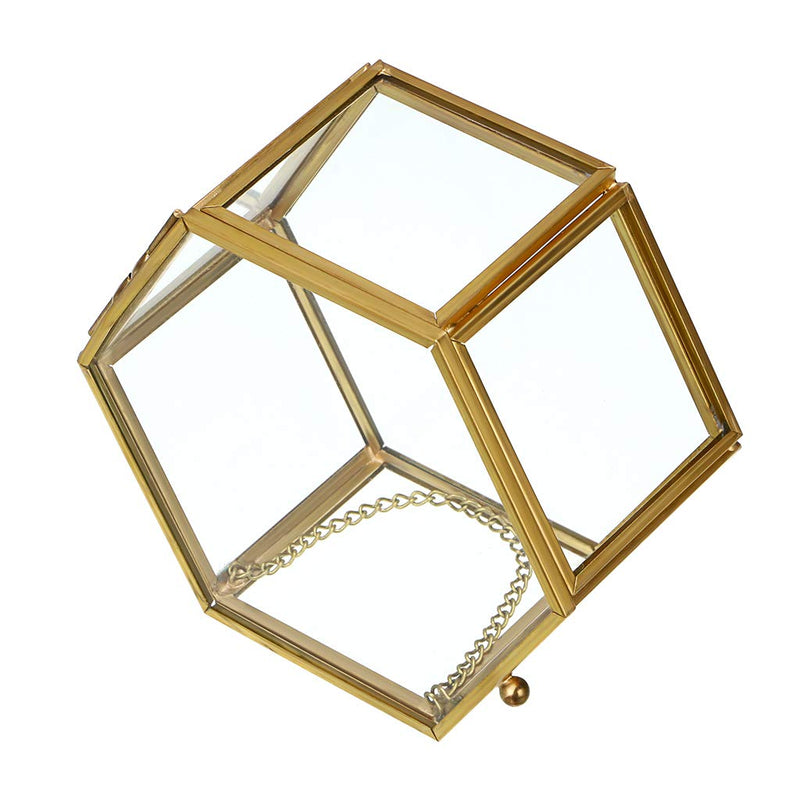 [Australia] - Hipiwe Vintage Glass Jewelry Box - Golden Hexagonal Jewelry Display Organizer Keepsake Box Home Decorative Box Case for Storage Trinket Ring Earring Chest Medium 