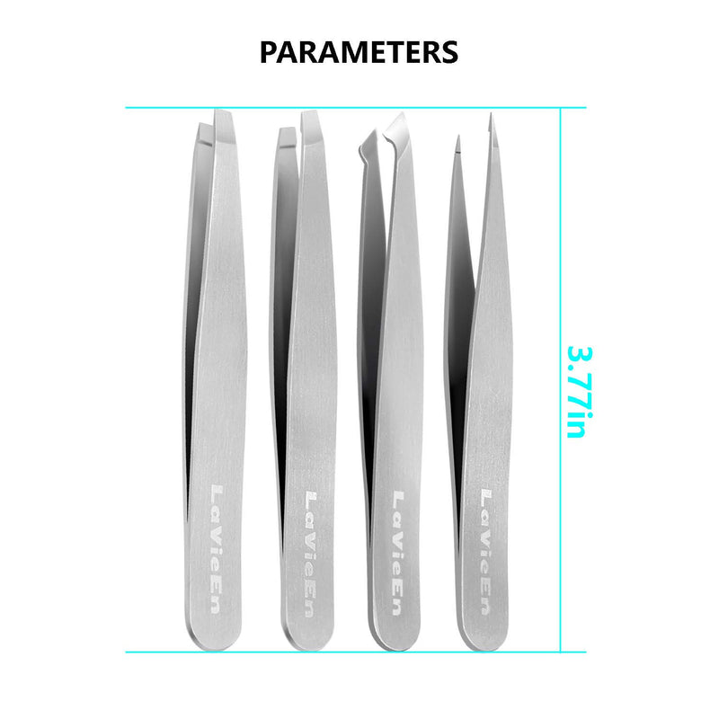 [Australia] - Precision Tweezers Set 4-Piece Professional Stainless Steel Tweezers, LaVieEn 4 Pack Tweezers Precision for Eyebrows, Splinter and Ingrown Hair Removal with Leather Travel Case (Silver) Silver 