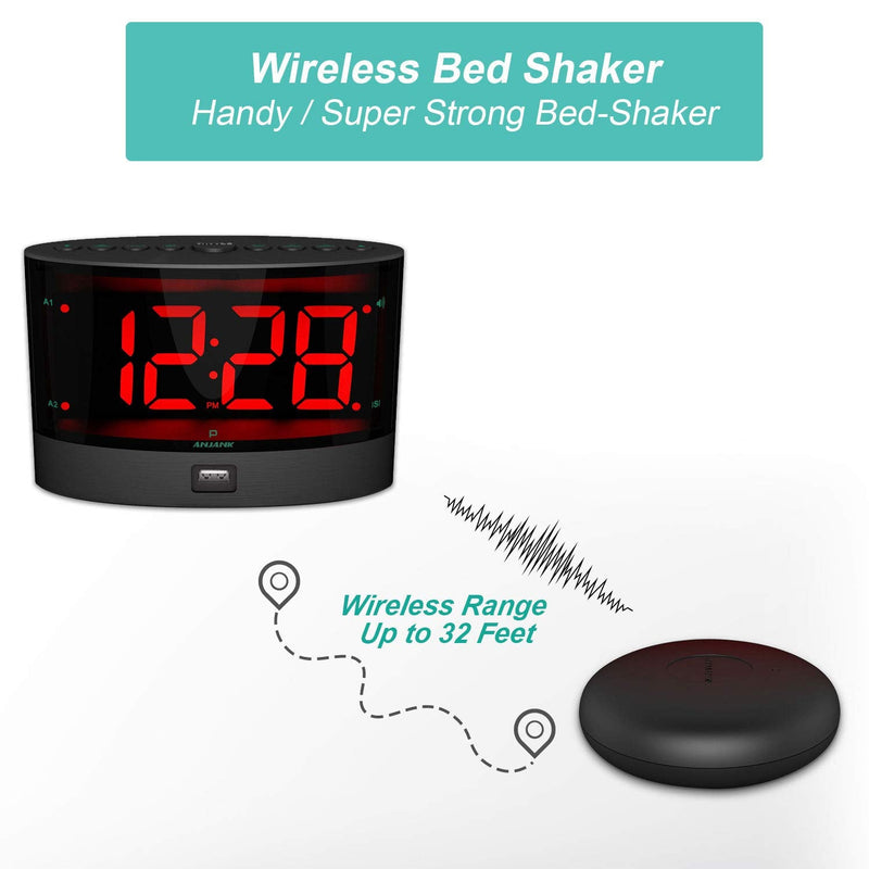 [Australia] - ANJANK Extra Loud Alarm Clock with Wireless Bed Shaker, Vibrating Dual Alarm Clock for Heavy Sleepers, Deaf and Hearing-impaired, Adjustable Volume/Dimmer/Wake up Mode, USB Charger Port, Pillow Shaker 