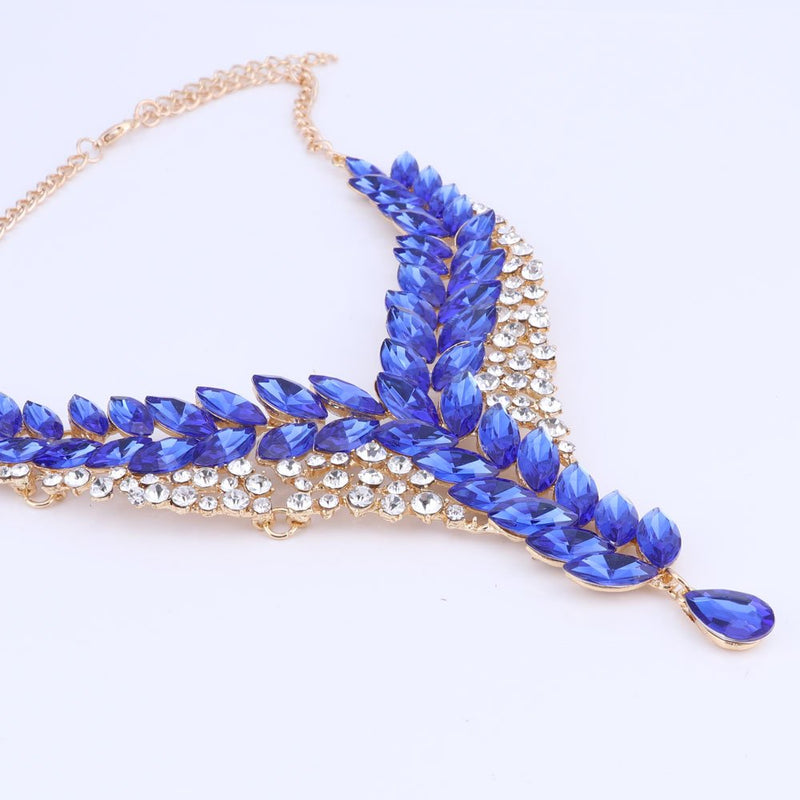 [Australia] - WANG Fashion 18K Gold Plated Crystal Wedding Party Necklace Earring Jewelry Set Blue 