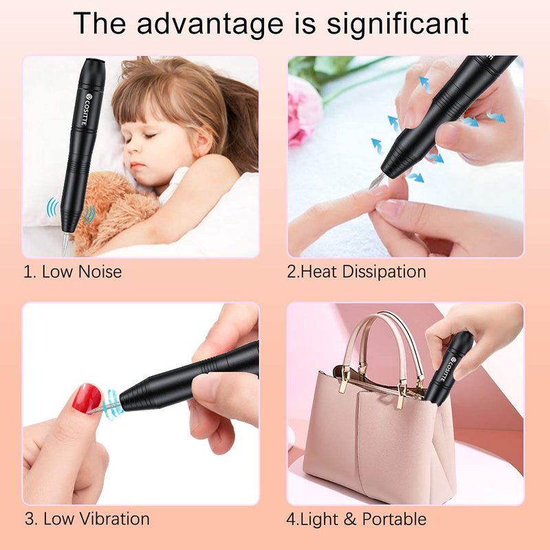 [Australia] - COSITTE Electric Nail Drill, USB Electric Nail Drill Machine for Acrylic Nails, Portable Electrical Nail File Polishing Tool Manicure Pedicure Efile Nail Supplies for Home and Salon Use Black 