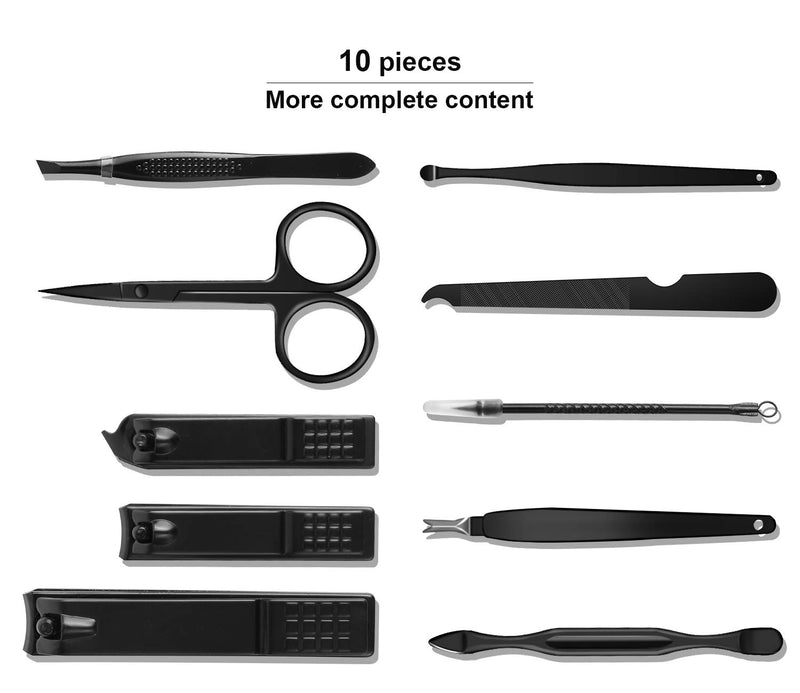 [Australia] - Manicure Set, Travel Nail Clippers Kit Pedicure Care Tools, 10pcs Stainless Steel Grooming kit (Black) Black 