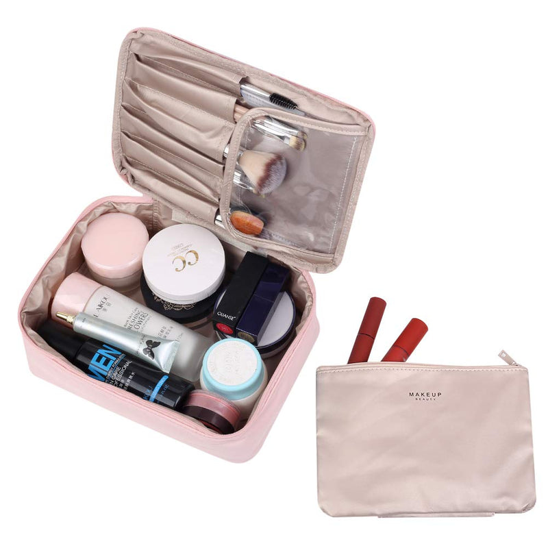 [Australia] - Cosmetic Bag, Yeiotsy Pastel Shade Travel Makeup Bags 2 in 1 Toiletry Kit Organizer with Brush Holders (Pink) Pink 